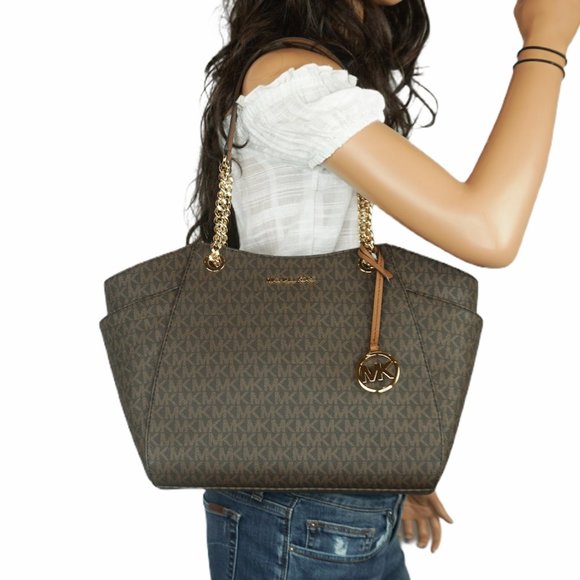 Michael Kors Jet Set Travel Chain Tote MK Brown - Picture 1 of 8